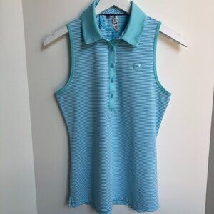 Under Armour Heat Gear Slvless Fitted Stripped Golf Top Turquoise Blue+Wht Sz S